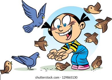 The illustration shows a girl who feeds the grain birds. Illustration done in cartoon style.