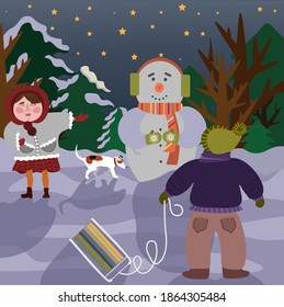 The illustration shows a girl who made a snowman and shows it to a boy.