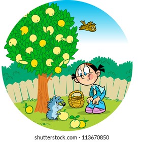 The illustration shows a girl who works in the garden. Little funny hedgehog helps her pick apples. Illustration done in cartoon style.