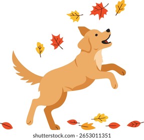 Illustration shows a golden retriever dog joyfully playing with falling red and yellow autumn leaves in a bright scene, evoking a playful and happy mood.