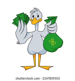 The illustration shows a goose holding money and a bag of money.