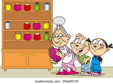 The illustration shows grandmother in an apron, she is puts in the cupboard canned goods and jam for the grandchildren