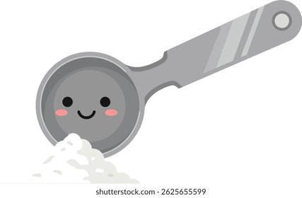 A ilustração mostra uma colher de medida cinza com um rosto feliz contendo pó branco sobre um fundo branco, criando um humor lúdico e alegre.