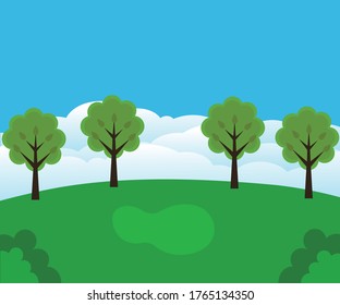 The illustration shows a green clearing against a background of blue sky and clouds. There are green trees on it. It can be used as a background image for apps, children's games, and so on.
