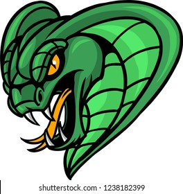 The illustration shows a green cobra. The reptile looks dangerous and has sharp fangs, a long forked tongue and big ears.