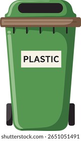 A ilustração mostra um compartimento de reciclagem de plástico verde com tampa marrom e rodas usadas para coletar resíduos de plástico, promovendo a reciclagem e o cuidado ambiental. Design limpo e prático.