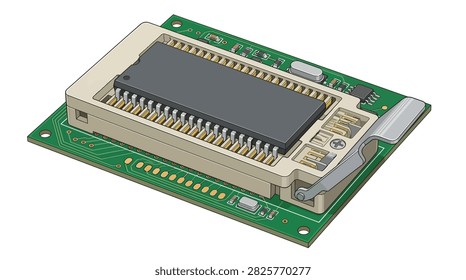 The illustration shows a green printed circuit board featuring a beige connector socket and a black integrated circuit chip. Metal pins and gold-plated contacts are visible along the edges, with fine copper traces forming a grid pattern on the board surface.