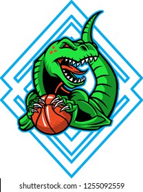 The illustration shows a green raptor that holds a basketball. The angry dinosaur has big fangs, a long tail and huge claws. 