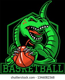 The illustration shows a green raptor that holds a basketball. The angry dinosaur has big fangs, a long tail and huge claws. 