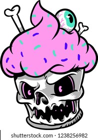 The illustration shows a gross cupcake made of a skull that has on top a lot of whipped cream frosting with eyes and bones.