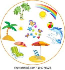 The illustration shows a group of objects that symbolize the holiday at sea. Illustration done on separate layers, isolated on a white background.