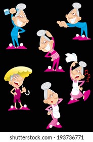 The illustration shows a group of several funny poses an elderly woman, which is involved in sports and dance. Illustration done in cartoon style, on separate layers, isolated on black background.