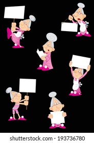The illustration shows a group of several funny poses an elderly woman, who is holding a banner. Illustration done in cartoon style, on separate layers, isolated on black background.