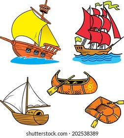 The illustration shows a group of small river and sea vessels in cartoon style. Done on separate layers in vector isolated on white background.