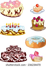 The illustration shows a group of various cakes and muffins. Illustration done on separate layers, isolated on white background.