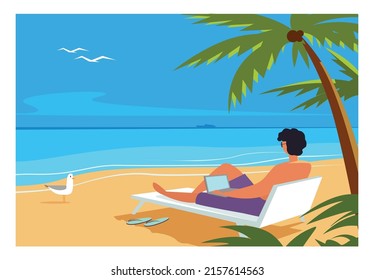 The illustration shows a guy working at a computer on the beach.