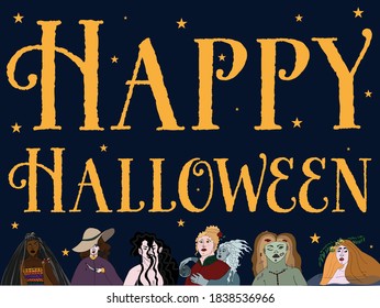 The illustration shows a Halloween card with a picture of a killer,a mermaid,a witch,a voodoo witch,a zombie,a vampire.