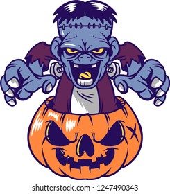 The illustration shows a Halloween character, Frank.He's a zombie that tries to surprise by showing up from a pumpkin that looks frightening and full of anger.They're celebrating the spirit of death.