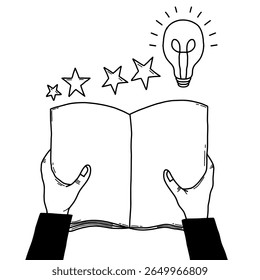 Illustration shows hands holding an open book with stars and lights of knowledge. Doodle style reading for ideas and inspiration