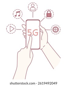 An illustration shows hands using a smartphone, emphasizing the benefits and connectivity of 5G technology