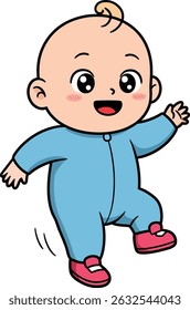 Illustration shows a happy baby boy wearing a blue onesie and pink shoes walking and waving cheerfully, conveying a joyful and lively mood.