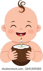 Illustration shows a happy baby holding a coconut drink with a colorful striped straw, smiling joyfully in a cute and playful style. Mood is cheerful and bright.