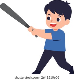 Illustration shows a happy boy swinging a baseball bat during a game, actively participating in sports with enthusiasm and joy. Energetic and playful mood.