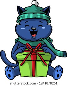 The illustration shows a happy kitty that just got a Christmas gift. The cute kitten wears a green hat and a green scarf. The green gift box is huge and it is tied with a red ribbon. 