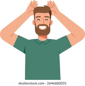 Illustration shows a happy man with beard and short hair making a playful gesture with his hands on his head, wearing a green shirt. The mood is cheerful and lighthearted.