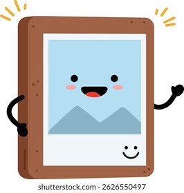 The illustration shows a happy photo frame character with a brown border and a blue image inside, waving with its arm and smiling brightly, cheerful and friendly mood.