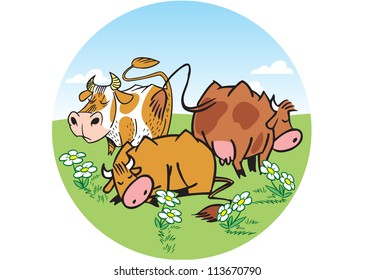 The illustration shows a herd of cows. They graze on a green meadow. Illustration done in cartoon style. Background separately.