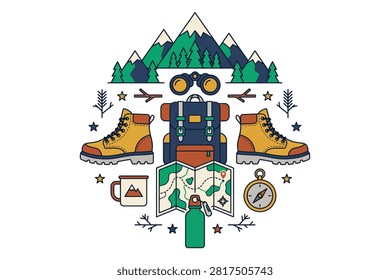 Illustration shows hiking boots backpack binoculars map compass thermos and mountain scenery