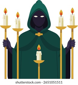 Illustration shows a hooded figure in a dark green cloak holding five lit candles on golden holders, creating an eerie and mysterious atmosphere. Mood is enigmatic.