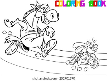 The illustration shows  horse and hare who compete, who faster runs. Illustration done in black and white outline for coloring book, in cartoon style, on separate layers