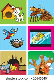 The illustration shows the house of animals, insects, birds and fish. Illustration done in cartoon style, on separate layers.