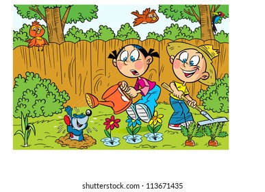  The illustration shows how a boy and a girl working in the garden. They watered vegetables and flowers. Funny mole came out of his burrow to bathe. Illustration done in cartoon style.