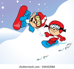 The illustration shows how the children are doing snowboarding in the winter. Illustration done in cartoon style, on separate layers. 