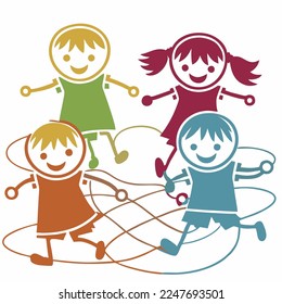 The illustration shows how children are shown in different colors jumping while playing with a skipping rope.