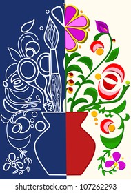 The illustration shows how to create color applique.The composition consists of a sketch, colored parts and tools. Illustration done on separate layers.