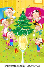 The illustration shows how a family of six people celebrate Christmas. They greet each other in a room near the Christmas tree. Illustration can be used as a greeting Christmas card.