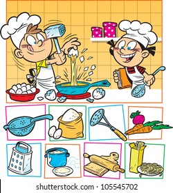 The illustration shows how fun the children are preparing a meal.