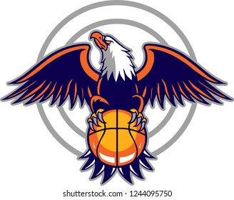 The illustration shows a huge eagle that holds a basketball. The strong bird has huge wings, big claws and he looks powerful and invincible. 