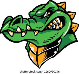 The illustration shows a hungry crocodile with sharp fangs and a green skin color. 