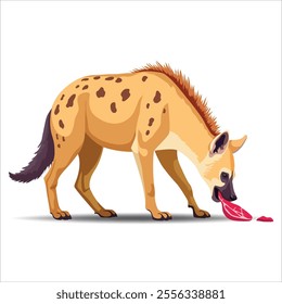 An illustration shows a hyena as a carnivore, feeding on meat, demonstrating its role in the food chain as a predator and scavenger.