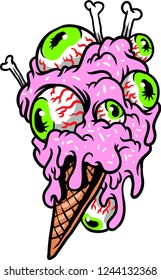 The illustration shows an ice cream that has on top a pink frosting cream with bones and eyes - a perfect dessert for a monster. 