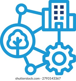 Illustration shows interconnected network nodes linked to a building and gears