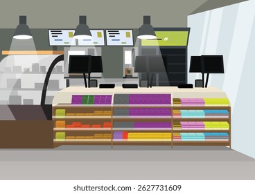 A ilustração mostra o interior de uma loja de conveniência bem iluminada na Indonésia. Um caixa de compras é visível, e as prateleiras são estocadas com vários bens. Ilustração plana de vetor