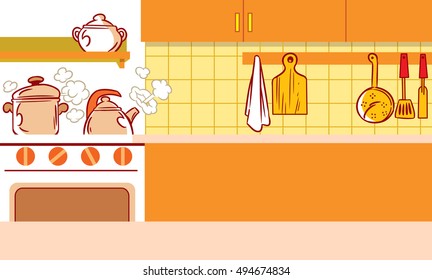 The illustration shows the interior of kitchen and kitchen utensils in a cartoon style