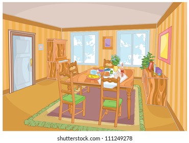 The illustration shows the interior of a living room with furniture and a laid table. Illustration performed made using the clipping mask.