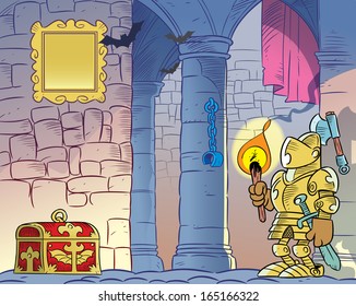 The illustration shows the interior of the old gloomy castle. On the background of the stone walls and columns we see a knight in armor, with a burning torch in his hand and dower chest.